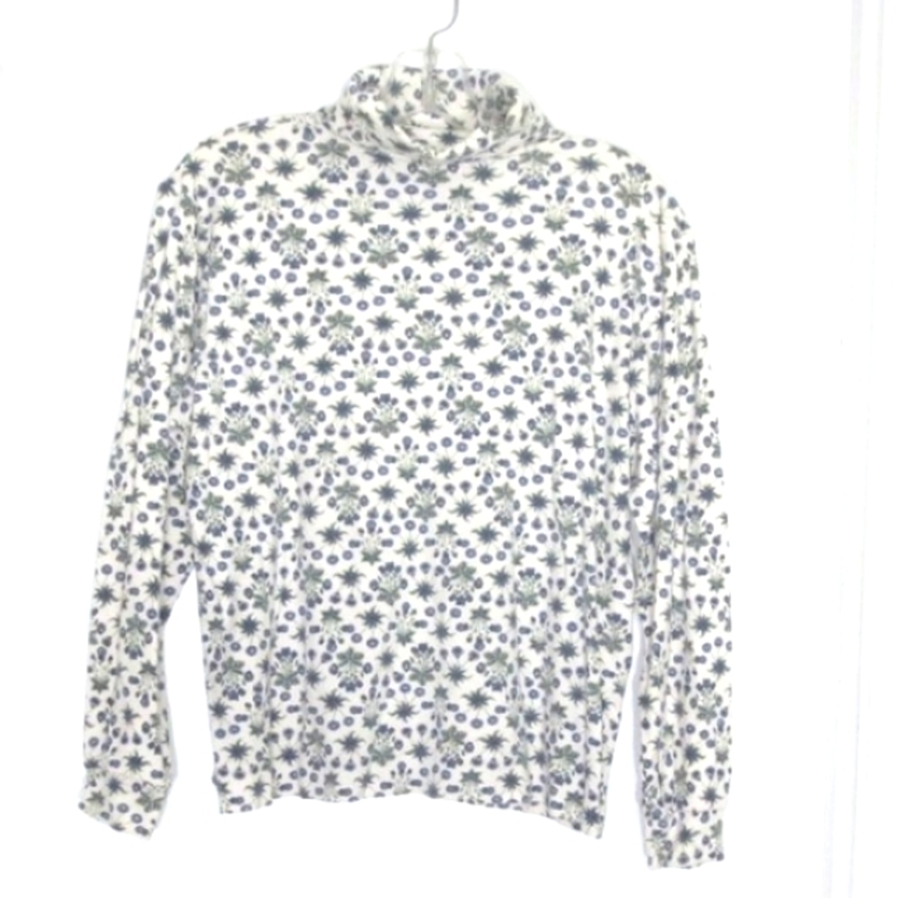 Blue Green & Cream Floral Top Long Sleeve Turtleneck Stretch Size LP